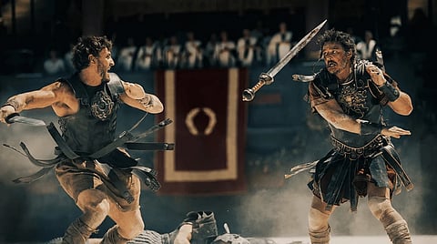 Paul Mescal plays Lucius and Pedro Pascal plays Marcus Acacius in Gladiator II