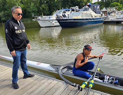Philippine Olympic Committee president Abraham ‘Bambol’ Tolentino visits rower Joanie Delgaco while training at the Metz Boat Club in France.