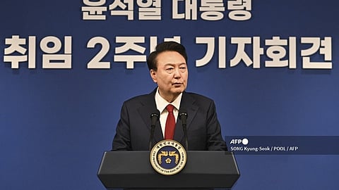 (FILE) South Korea's President Yoon Suk Yeol speaks during a press conference marking two years in office at the presidential office in Seoul on 9 May 2024.