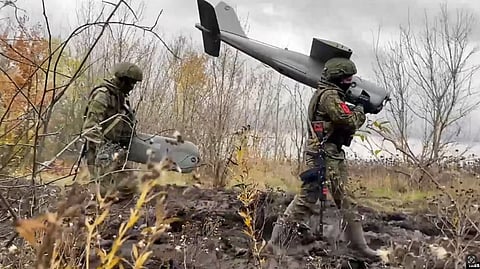 Russian soldiers carry out a mission involving the use of an Orlan-10 unmanned aerial vehicle. (FILE PHOTO)