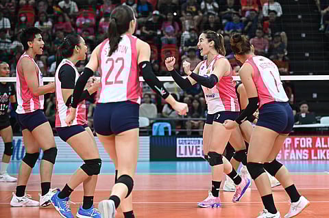 Creamline turns back Farm Fresh in four sets to get into the win column in the PVL Reinforced Conference Saturday night at the Philsports Arena in Pasig City.