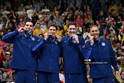 THE United States team of Jack Alexy, Chris Guiliano, Hunter Armstrong and Caeleb Dressel celebrates after winning the gold medal in the men’s 4x100m freestyle relay swimming event of the Paris Olympics.