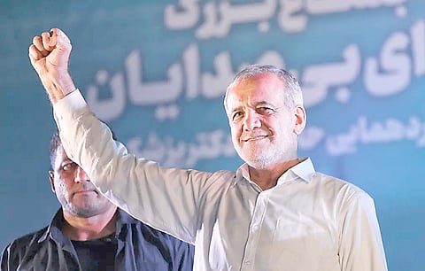 MASOUD Pezeshkian raises his fist as he arrives for his campaign rally, two days before a presidential election runoff following a first round marked by a historically low turnout, at a stadium in Tehran, Iran. Iran’s only reformist candidate in the latest presidential election, has risen from relative obscurity to become the ninth president of the Islamic republic on 6 July 2024. Pezeshkian, 69, won around 53.6 percent of the vote in a runoff election against the ultraconservative Saeed Jalili.