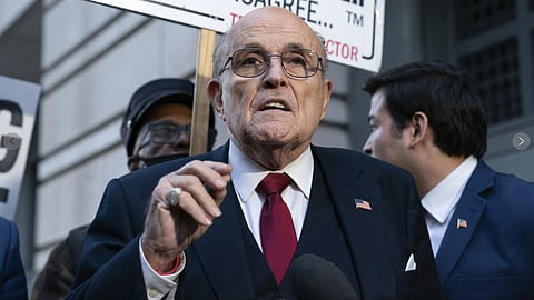 FILE - Rudy Giuliani speaks during a news conference outside federal court in Washington, Dec. 15,2023. Giuliani has been disbarred in New York. The former New York City mayor, federal prosecutor and legal adviser to Donald Trump received the decisión Tuesday, July 2,2024 from an appeals court in Manhattan.
