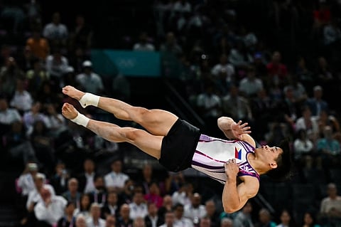 Carlos Yulo displays winning form in the Paris Olympics.