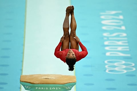 SIMONE Biles completes her vault routine during the final round of the women’s artistic gymnastics competition of the Paris Olympics.