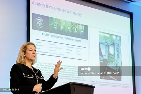 Elizabeth Lund, Boeing Senior Vice President of Quality, speaks to gathered media in front of a slide detailing the plug door blow-out that occurred on January 5, 2024 on Alaska Airlines flight 1282, at the Boeing Renton Factory on June 25, 2024 in Renton, Washington.