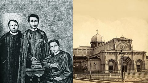 (L) Photo of a drawing recreating (left to right) Jacinto Zamora, Mariano Gómez, and José Burgos. (R) Fr. Gomes was appointed the sacristan of the Manila Cathedral in 1822. This image is an enhancement of the NHCP Diosdado Capino Collection which was enhanced by the Gomez-Sarino Family of Bacoor for its commemoration of the 152nd Anniversary of the martyrdom of Fr. Mariano Gomes. At its background is the current facade of the Parish of St. Michael the Archangel in Bacoor, the former parish of Fr. Gomes.