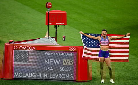 SYDNEY Mclaughlin-Levrone celebrates after setting the new world record in the women’s 400m hurdles of the Paris Olympics.