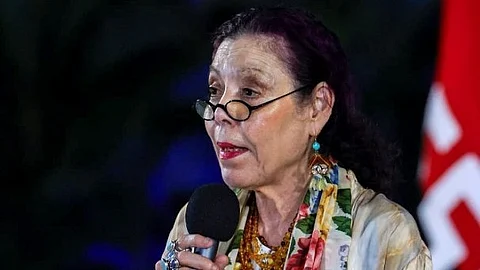 (FILES) This handout picture released by the Nicaraguan Presidency shows Vice President Rosario Murillo speaking during a military parade to commemorate the 44th anniversary of the National Police foundation at the Revolution Square in Managua on 11 September 2023.