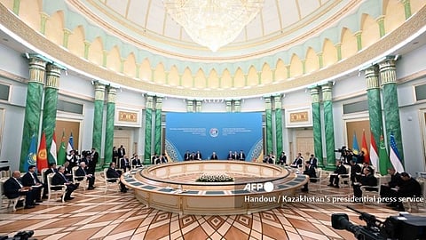 In this handout photograph released by Kazakhstan's presidential press service, Kazakhstan's President Kassym-Jomart Tokayev (C) delivers a speech during Heads of State of Central Asia Summit session in Astana on August 9, 2024.