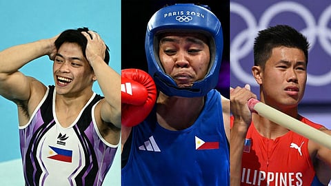 Carlos Yulo (left) saves the Philippine campaign with two gold medals while Nesthy Petecio (middle) delivers one of two boxing bronzes and Italy-based pole vaulter E.J. Obiena fails to make the podium in the Paris Olympics.