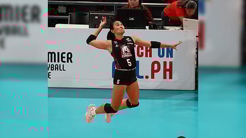 Grethcel Soltones provides the firepower to lead Akari to a 23-25, 25-15, 25-16, 22-25, 18-16 victory over Galeries Tower Saturday in their PVL Reinforced Conference game at the Philsports Arena in Pasig.