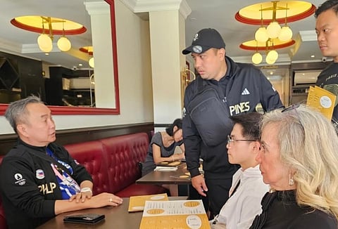 POC president Abraham ‘Bambol’ Tolentino meets with double gold medalist Carlos Yulo and gymnastic head Cynthia Carrion during the final day of the Paris Olympics. Joining them are secretary general Wharton Chan and secretariat member Bob Moran.