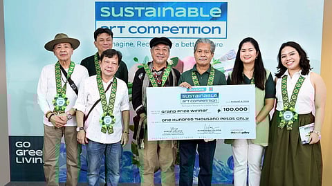 Caesar Sario, Artist and competition judge; Roland Rosacay, Artist and competition judge; Jojo Liao, drybrush Gallery founder; Nemi Miranda, artist and guest of honor; Noli Espanola, Grand Prize Winner; Sharon Decapia, senior AVP for Marketing, PR and Sustainability-Watsons Philippines; Lexie Coloma, senior marketing manager for Sustainability-Watsons Philippines.