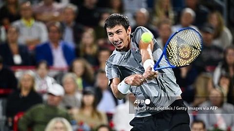 MONTREAL, CANADA - AUGUST 12: Alexei Popyrin of Australia plays a backhand during the Men's Singles Final match against Andrey Rublev on day seven of the ATP Masters 1000 National Bank Open at Stade IGA on 12 August 2024 in Montreal, Canada.