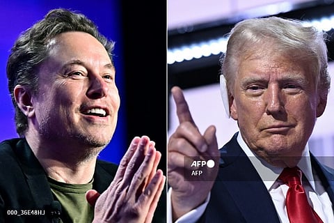 (COMBO) This combination of pictures created on August 12, 2024 shows, L-R, Tesla CEO Elon Musk speaking at the 27th annual Milken Institute Global Conference at the Beverly Hilton in Los Angeles on May 6, 2024 and former US President and 2024 Republican presidential candidate Donald Trump standing onstage during the last day of the 2024 Republican National Convention at the Fiserv Forum in Milwaukee, Wisconsin, on July 18, 2024.