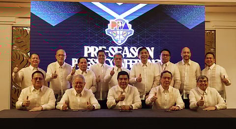 PHILIPPINE Basketball Association commissioner Willie Marcial (middle) kicks off the league’s 49th season with members of the board of governors in a press launch on Wednesday in Mandaluyong City.
