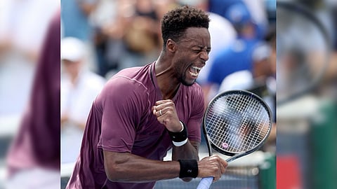 Gael Monfils celebrates after shocking top seed Carlos Alcaraz, 4-6, 7-6 (7/5), 6-4, in the ATP and WTA Cincinnati Open.