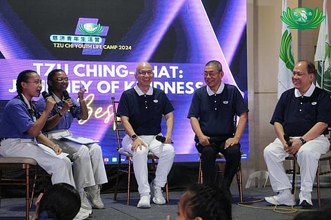 DURING a talk show segment of the youth camp, Tzu Chi youth volunteers ask questions on how the organization started its charity work in Ormoc from senior volunteers (from right) Julian Tong, Tzu Chi Philippines deputy CEO Alfredo Li and Ferdinand Dy.