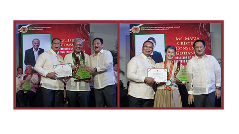 SMPC chairman and CEO Isidro A. Consunji and president, COO and CSO Maria Cristina C. Gotianun receive honors at the Bahay ng Alumni, UP Diliman, Quezon City.