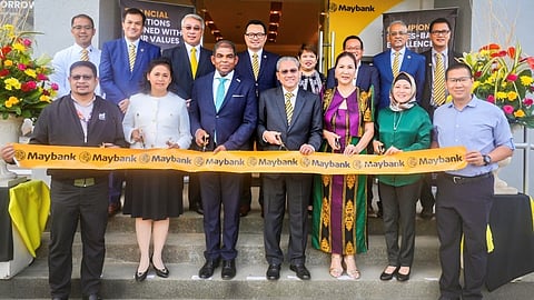 Key stakeholders lead ribbon-cutting ceremony (from left) Engr. Al-Zamir Lipae, regional director for Region 9, Department of Trade and Industry; Judith E. Sungsai, managing director, Financial Supervision Sub-Sector 1, Bangko Sentral ng Pilipinas (BSP); Dato Abdul Malik Melvin Castelino, Ambassador of Malaysia to the Philippines; Nor Shahrizan Sulaiman, deputy CEO, Maybank Islamic Berhad; Abigail Tina M. del Rosario, country director and president and CEO, Maybank Philippines; Honorable Sitti Djalia Turabin-Hataman, mayor of Isabela, Basilan; and Bryan Go of BG Investment and Development Corp.