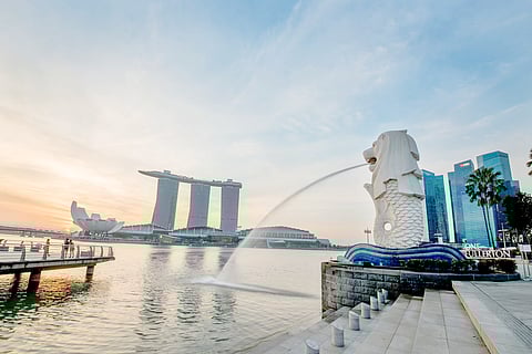 Singapore Skyline with the Merlion, Singapore’s official mascot depicted as a mythical creature having a lion’s head and the body of a fish, and the stunning Marina Bay Sands Singapore hotel in the background. These and other sights make the 1st world ASEAN city state a must-visit destination.