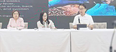 QUEZON CITY Mayor Joy Belmonte (center) announces the urgent measures the local government is taking against the country’s first monkeypox case during a press conference on Wednesday. She is flanked by Dr. Ramona Abarquez, officer-in-charge of the QC Health Department, and Dr. Rolando Cruz, head of the City Epidemiology and Disease Surveillance Unit, as they face the rising health threat.