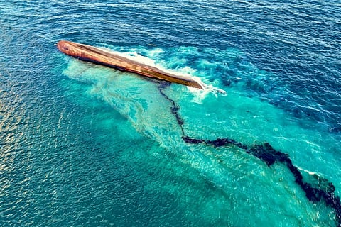 Aerial view of an overturned vessel off the coast of Trinidad and Tobago.
