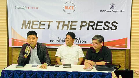 Announcing Primelectric Holdings Inc.’s acquisition of 70 percent stake in Bohol Light Company Inc. are (from left) James Roy Villareal, executive vice president of SPC Power Corporation, Engr. Paulino Almedilla, general manager of Bohol Light and Roel Castro, president of Primelectric Holdings Inc.