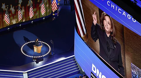 Democratic presidential nominee and Vice President Kamala Harris takes the stage on Day 4 of the Democratic National Convention at the United Center in Chicago, Illinois, on 22 August 2024.