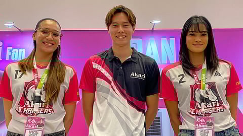 JAPANESE volleyball star Ran Takahashi is flanked by Akari Chargers players and Alas Pilipinas standouts Faith Nisperos (left) and Fifi Sharma.