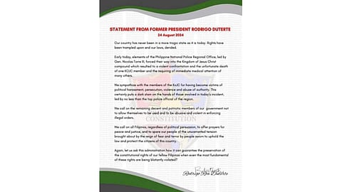STATEMENT FROM FORMER PRESIDENT RODRIGO DUTERTE 24 August 2024