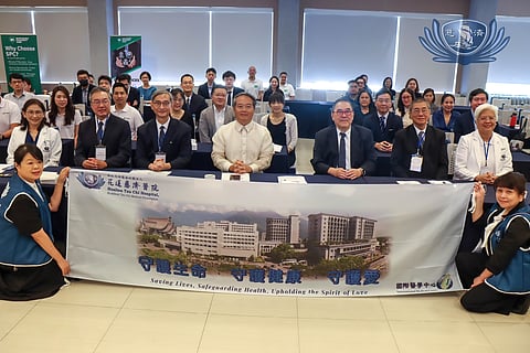 TAIPEI Economic and Cultural Office in the Philippines representative Wallace M.G. Chow (middle, front row, seated) led the opening ceremony of the 2024 Taiwan-Philippines Advanced Medical Forum at the Tzu Chi Eye Center (TCEC) in Sta. Mesa, Manila on 16 August. With him are (from left, front row, seated): TCEC deputy medical director Dr. Susan Irene Lapid-Lim, Tzu Chi Hualien Hospital’s (TCHH) Dr. Soon-Hian Teh, TCHH Center of Stem Cell & Precision Medicine director Dr. Chi-Cheng Li, Cardinal Santos Medical Center chief medical officer Dr. Antonio Say, Tzu Chi Medical Foundation Philippines CEO Alfredo Li, and TCEC medical director Dr. Bernardita Navarro.