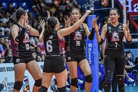 The Akari Chargers rejoice after ripping Farm Fresh apart, 17-25, 25-18, 25-22, 25-23, in their PVL Reinforced Conference quarterfinal match Saturday at the Fioil EcoOil Centre in San Juan.