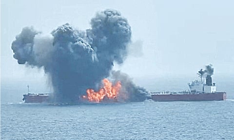 (FILE PHOTO) A handout picture released by the Houthis’ ‘media centre’ shows what they claim to be a missile, targeting a crude oil tanker in the Red Sea.