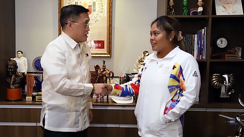 DOTTIE Ardina (right) seeks the help of Senator Christopher ‘Bong’ Go after competing in the Paris Olympics without proper competition uniform.