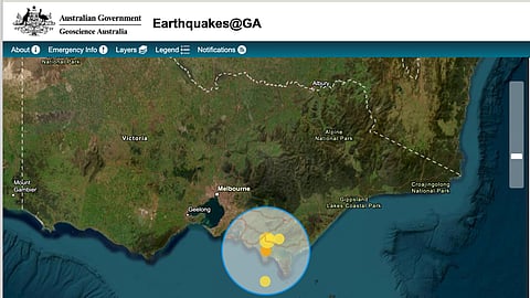 Geoscience Australia image shows the epicenter of the 3.0 magnitude earthquake that struck Victoria's Gippsland region, with the tremor originating near Sandy Point.