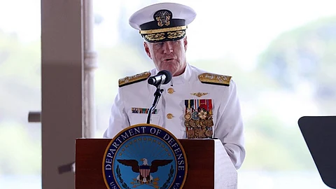 Incoming US Indo-Pacific Commander Admiral Samuel Paparo speaks during the US Indo-Pacific Command (INDOPACOM) change of command ceremony at Joint Base Pearl Harbor-Hickam in Honolulu, Hawaii on 3 May 2024. Incoming commander Admiral Samuel Paparo is replacing outgoing commander Admiral John Aquilino.
