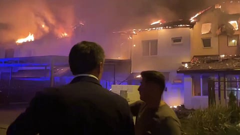 Burning buildings in Russia's Belgorod region following a Ukrainian airstrike that caused significant damage on the evening of Friday, 30 August 2024.
