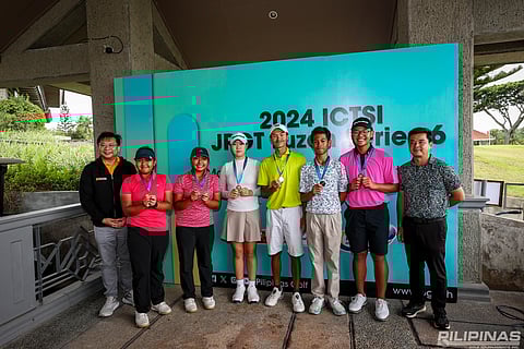 FROM left are Joop Kalambakal, associate head of Global Public Relation of ICTSI; winners Lisa Sarines, Mona Sarines, Yunju An, John Paul Agustin Jr., John Majgen Gomez, Jose Carlos Taruc and Mount Malarayat golf director Jong Laput.