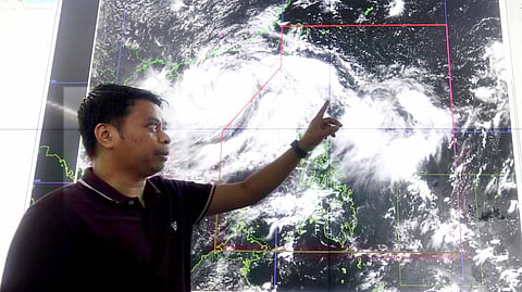 Philippine Atmospheric, Geophysical and Astronomical Services Administration Assistant Weather Services Chief Chris Perez points to severe tropical storm ‘Enteng’ as it exits the country but a new weather disturbance was spotted entering the Philippine Area of Responsibility.