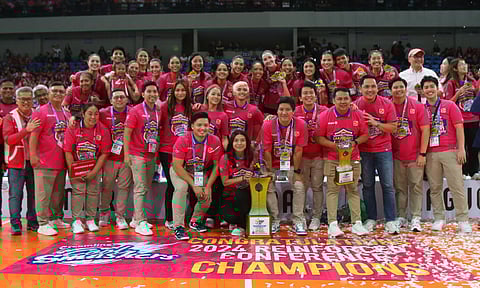 The undermanned Creamline Cool Smashers celebrate their almost trouble-free 25-15, 25-23, 25-17 victory over Akari to bag the PVL Reinforced Conference crown.