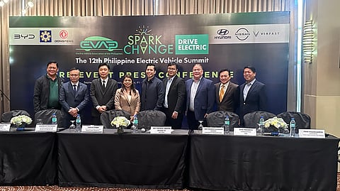 ELECTRIC vehicle industry leaders gather at the 12th Philippine Electric Vehicle Summit pre-event press conference. From left, they are Edmund Araga, EVAP president; Cao Ngoc Nguyen Duy, Philippine CEO, VinFast; Daihee Park, directing coordinator for marketing and product planning, Hyundai Motor Philippines; Czarina Blythe Brodit, assistant general manager, Nissan Philippines; Patrick Aquino, Department of Energy director; Jose Venancio Calimbahin, president, Diamond Autogroup EV Corp., Bob Palanca, managing director, BYD; Ferdi Raquelsantos, EVAP chairman emeritus and Rommel Juan, EVAP chairman.