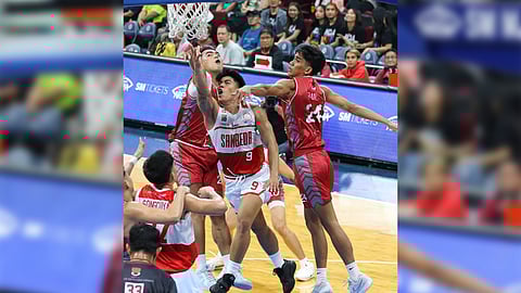 Bryan Sajonia of San Beda University scores on a drive against Lyceum in the Season 100 NCAA basketball tournament Saturday at the Mall of Asia Arena. The Red Lions won, 79-63.