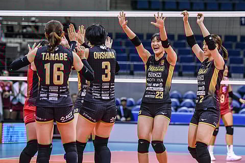 THE Kurashiki Ablaze celebrate after posting a 25-22, 26-24, 25-20 victory over Est Cola to clinch the bronze medal in the PVL Invitational Conference.