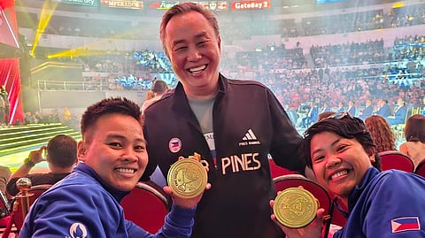 ABRAHAM ‘Bambol’ Tolentino (middle) will be seeking a fresh four-year term as president of the Philippine Olympic Committee. Also shown are Paris Olympics medalists Nesthy Petecio (left) and Aira Villegas.