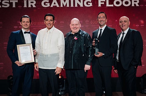 Flushed with pride in winning top honors against some of the region’s most recognized names in resorts at the 2024 IAG Academy Integrated Resorts Awards, Solaire execs (from left) Jared Morris, SVP Casino Marketing Solaire Resort, Thomas Arasi, Bloomberry Resorts Corporation president and chief operating officer, Cyrus Sherafat, EVP Head of Gaming Solaire Resort and Craig Umstad SVP Table Games Solaire Resort pose in photo with Andrew Scott, CEO of IAG (center).