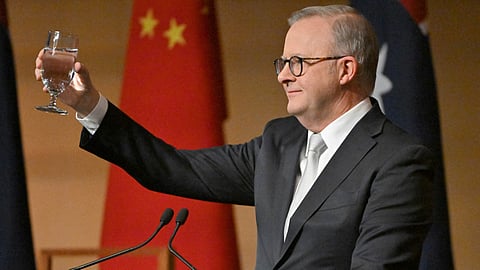 LOOK: Australia's Prime Minister Anthony Albanese makes a toast to China's Premier Li Qiang (not pictured) during a luncheon at Parliament House in Canberra on 17 June 2024.
