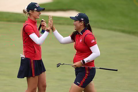NELLY Korda and Allisen Corpuz celebrate after lifting the United States to a record-tying 6-2 lead over Europe in the opening round of the Solheim Cup.